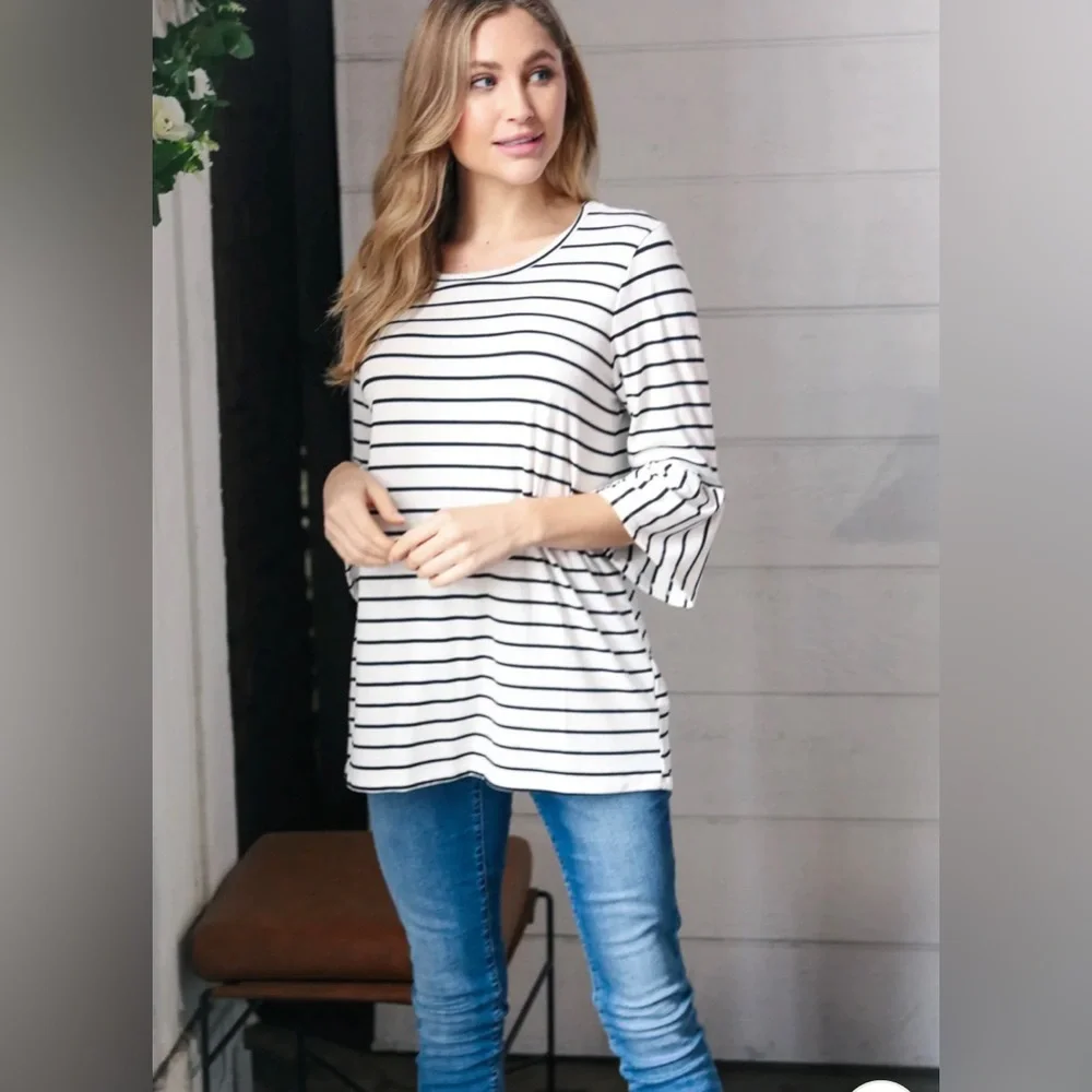 PLUS Ivory Black Neck Yarn Dye Stripe Elbow Bell Sleeve Top - Picture 4 of 7